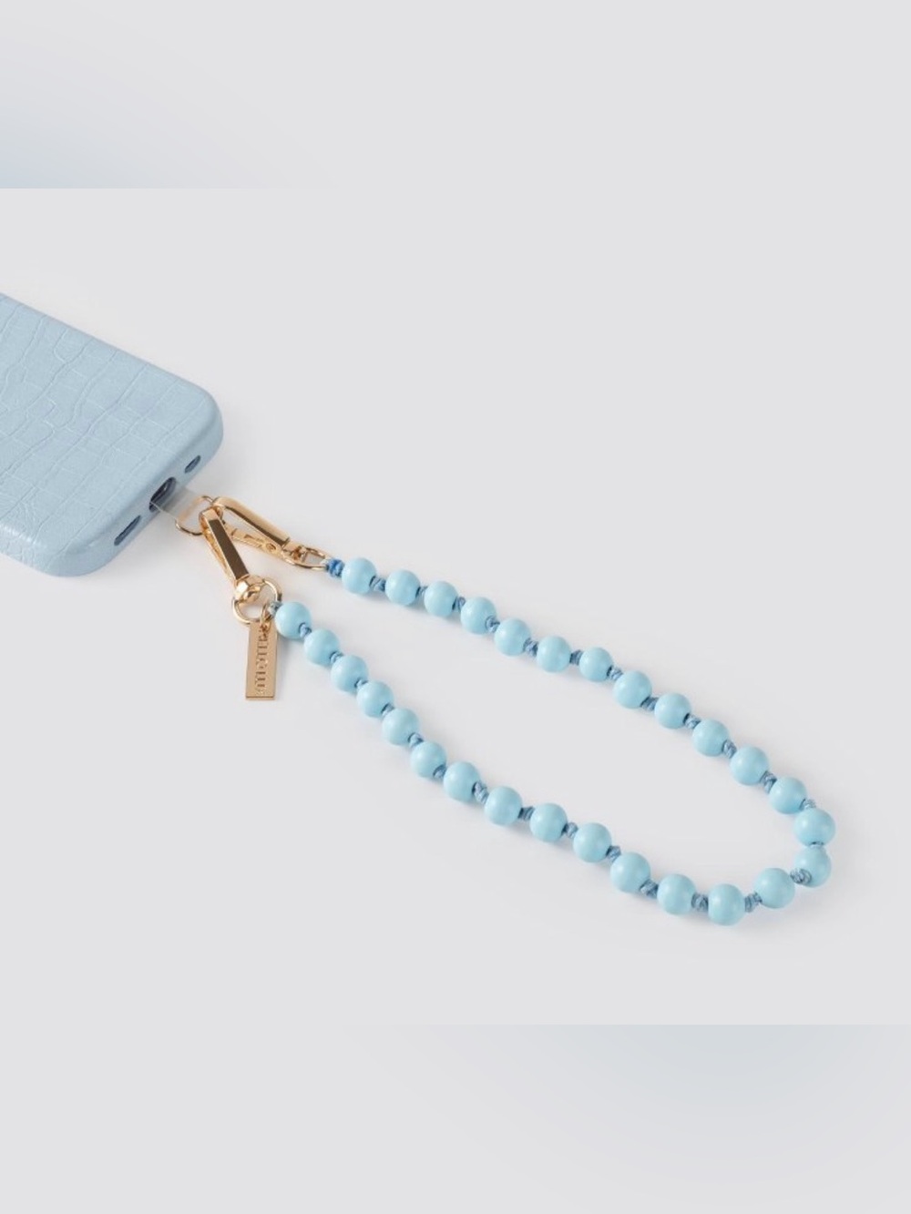NIB Beaded Phone Wrist Strap in Light Blue with Gold Hardware